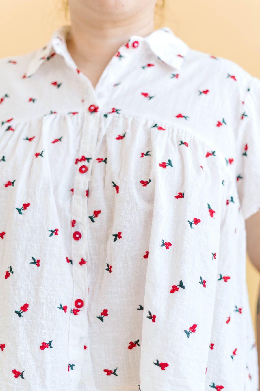 Nettle Studios Button Mushroom Top in White Cherry Cotton - plus size top, product view