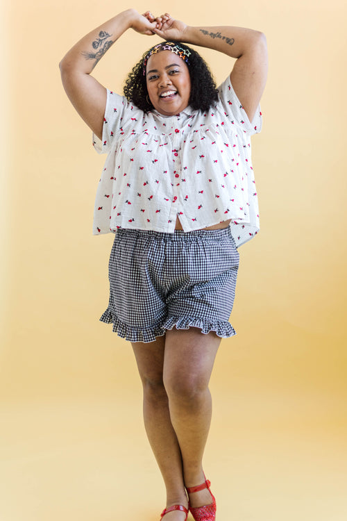 Nettle Studios Button Mushroom Top in White Cherry Cotton - plus size top, product view