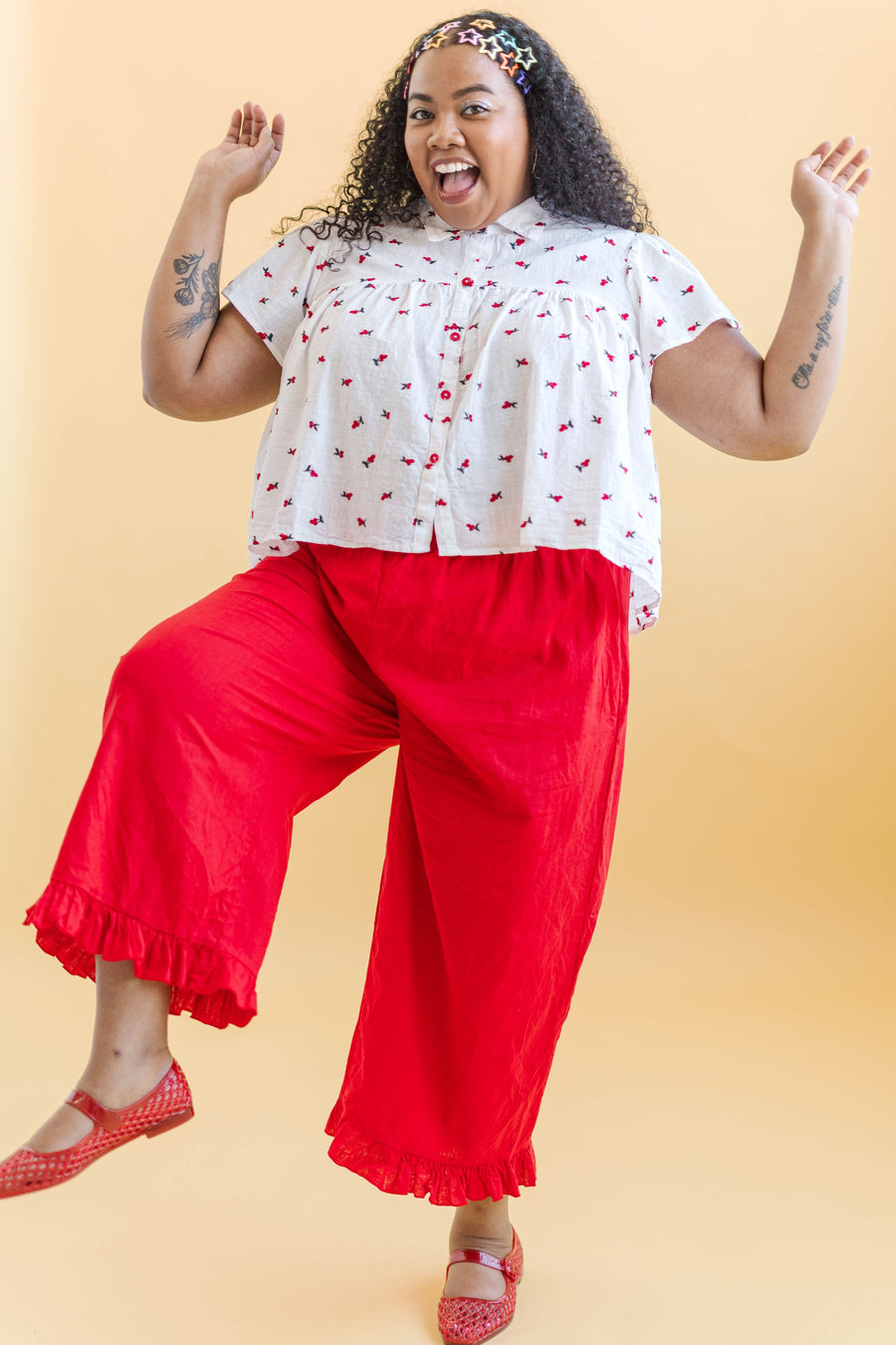 Nettle Studios Button Mushroom Top in White Cherry Cotton - plus size top, product view