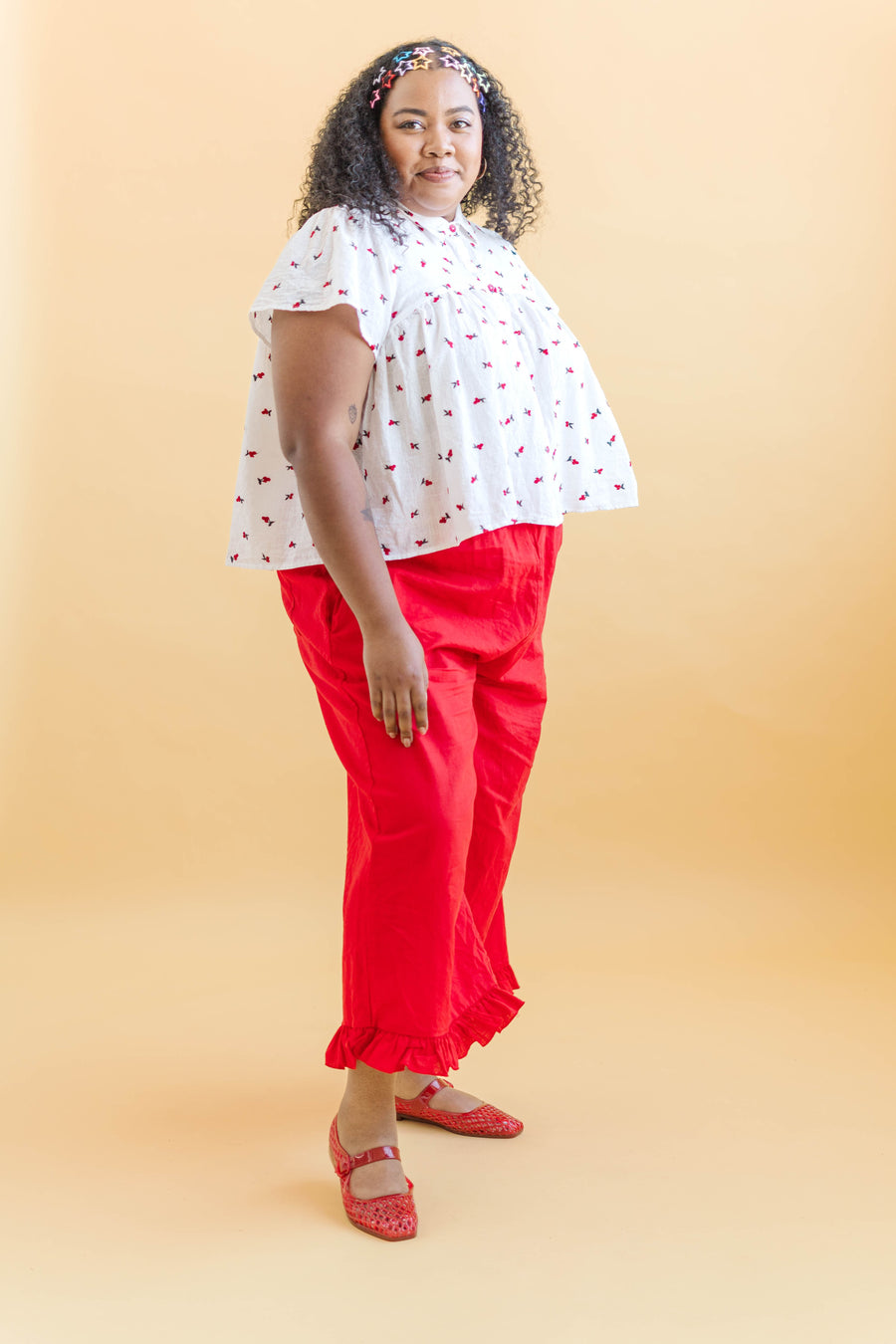 Nettle Studios Button Mushroom Top in White Cherry Cotton - plus size top, product view