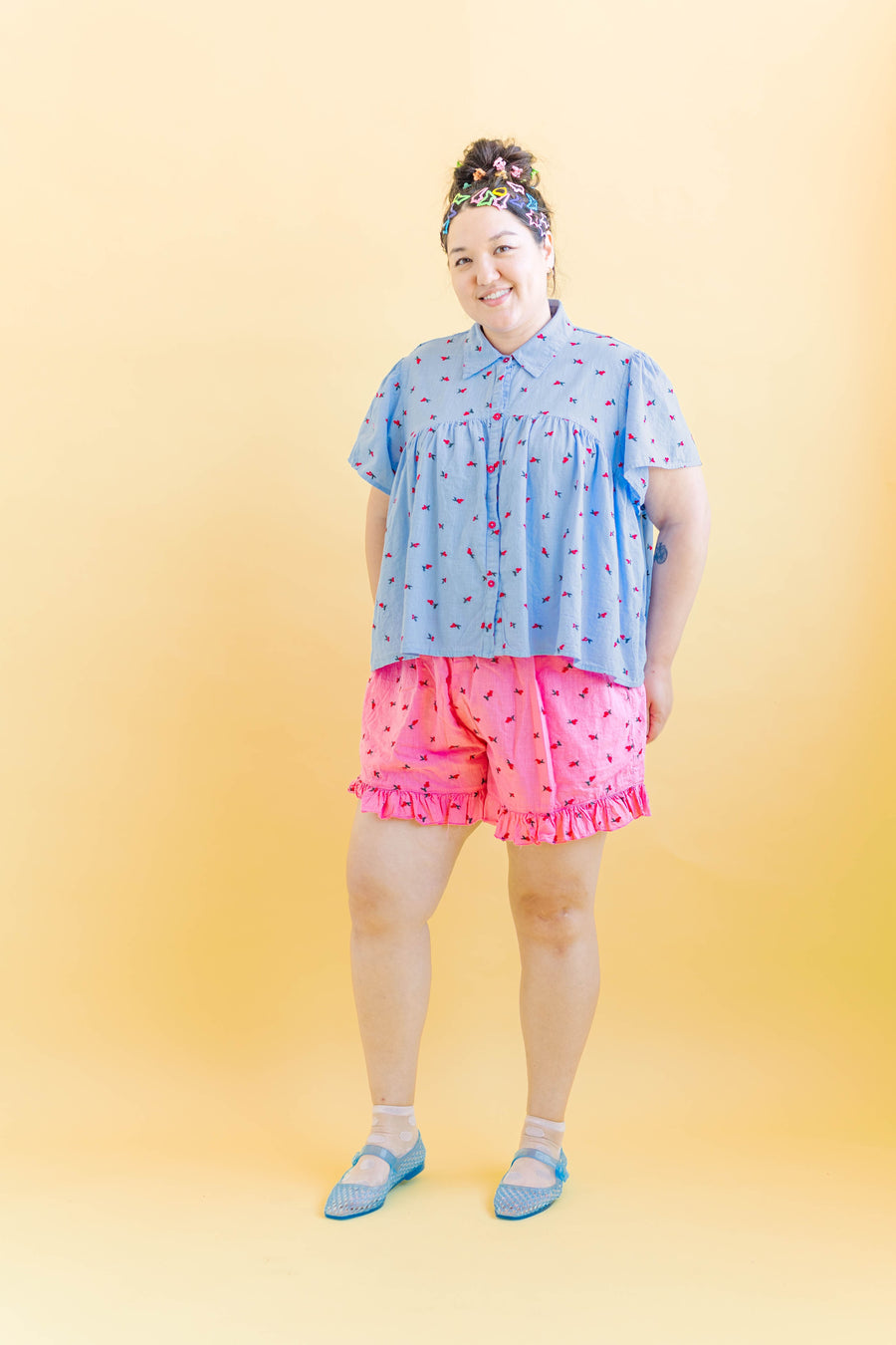 Nettle Studios Button Mushroom Top in Cornflower Cherry Cotton - plus size top, product view