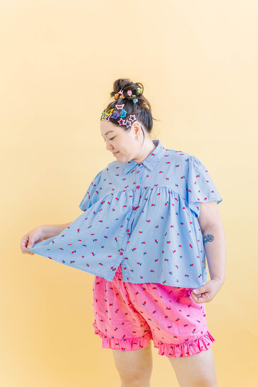 Nettle Studios Button Mushroom Top in Cornflower Cherry Cotton - plus size top, product view
