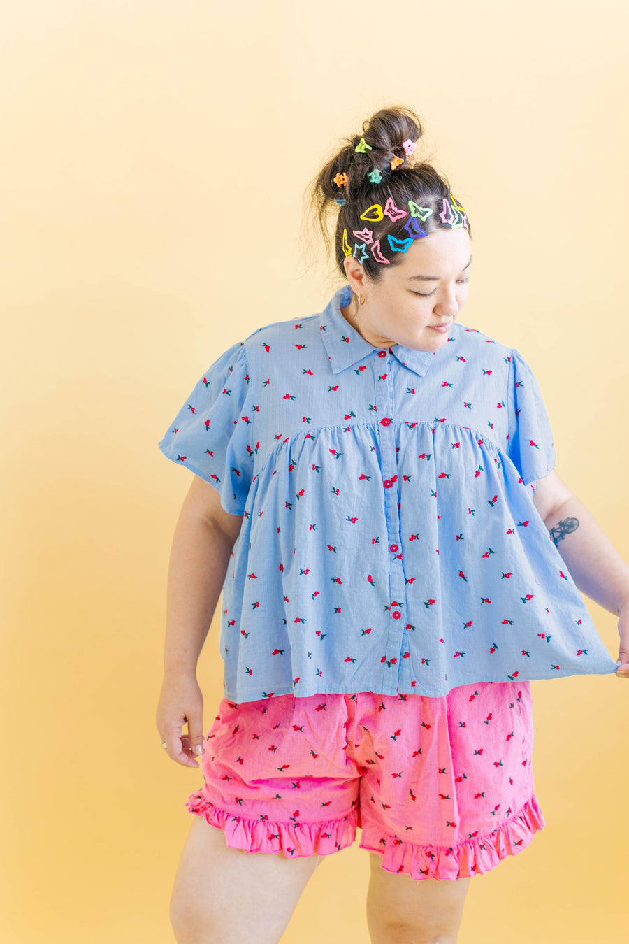 Nettle Studios Button Mushroom Top in Cornflower Cherry Cotton - plus size top, product view