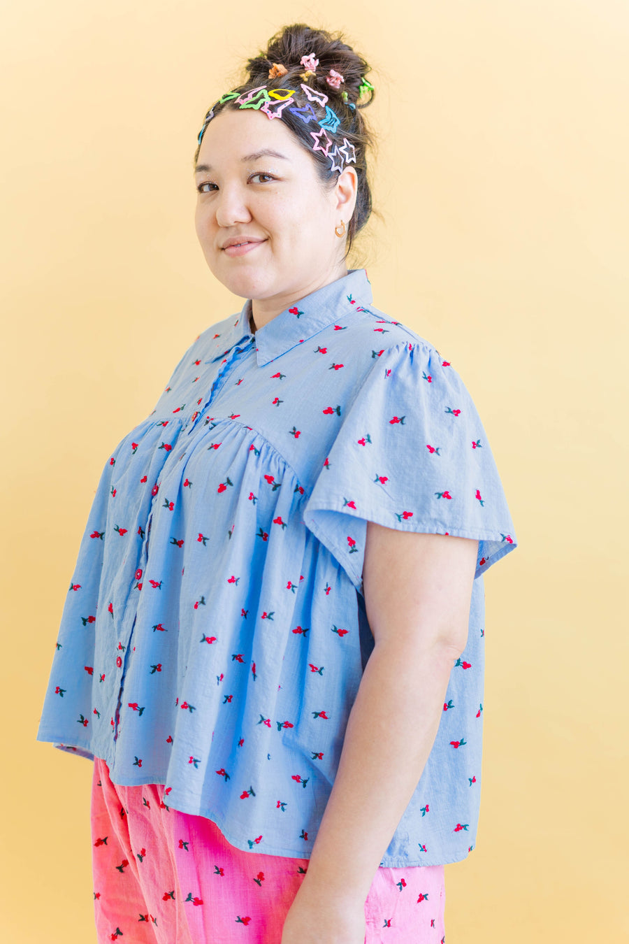 Nettle Studios Button Mushroom Top in Cornflower Cherry Cotton - plus size top, product view