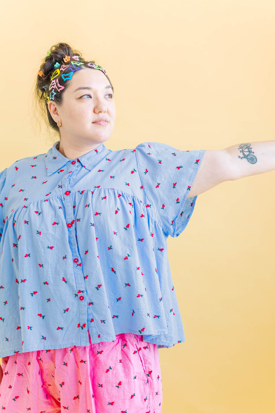 Nettle Studios Button Mushroom Top in Cornflower Cherry Cotton - plus size top, product view