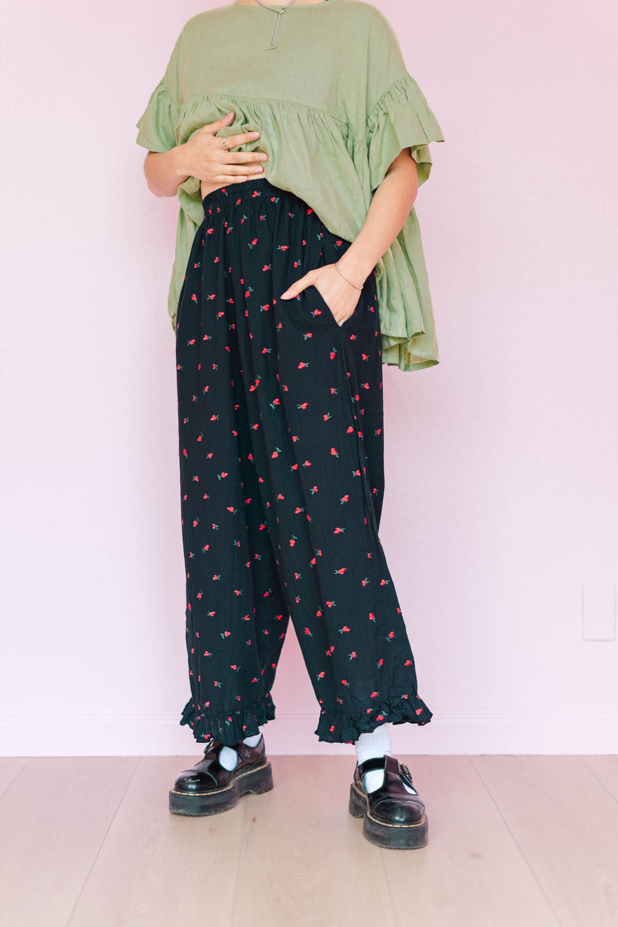 Nettle Studios Black Cherry Cotton Ruffle Pants - plus size ruffle pant, product view