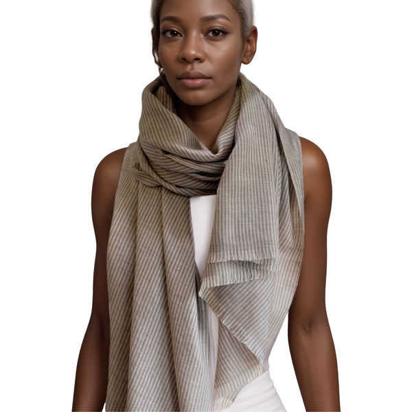 Pashmina Wool Natural Taupe and Brown Striped Wrap