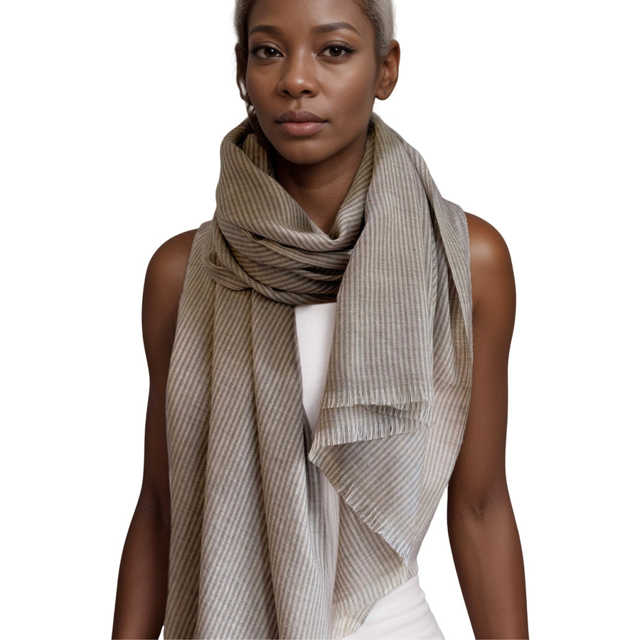 Fyoli Fyoli Pashmina Wool Natural Taupe and Brown Striped Wrap in Taupe Brown - women's artisan scarf