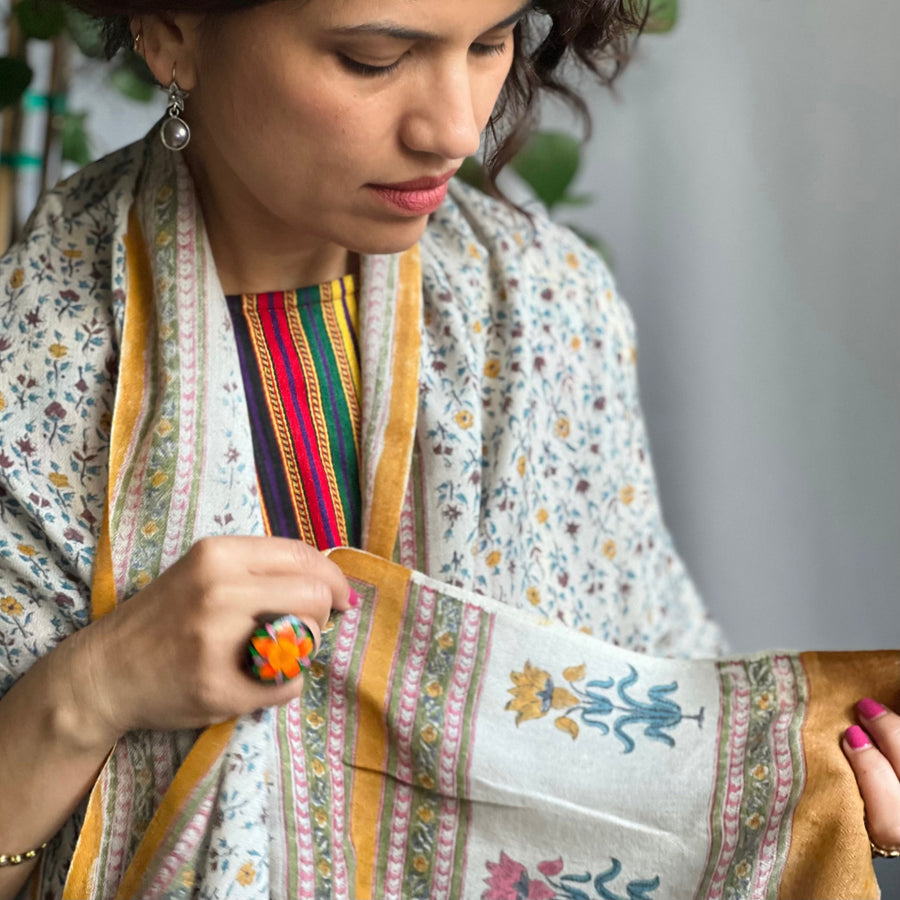 Fyoli Fyoli SANGANER Pashmina X Merino Block Printed Wrap - women's artisan accessory