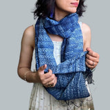Fyoli Fyoli NEEL Silk Cotton Natural Indigo Shibori Stole in Indigo Needle Shibori - women's artisan scarf