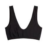 Proclaim Organic Cotton Everyday Bralette in Black, showcasing the wireless deep scoop neckline design . Flat lay product view.