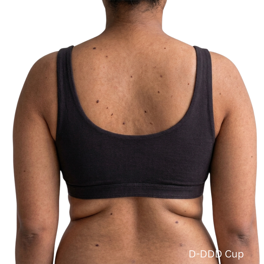 Proclaim Organic Cotton Everyday Bralette in black, showcasing the wireless deep scoop neckline design , back view.