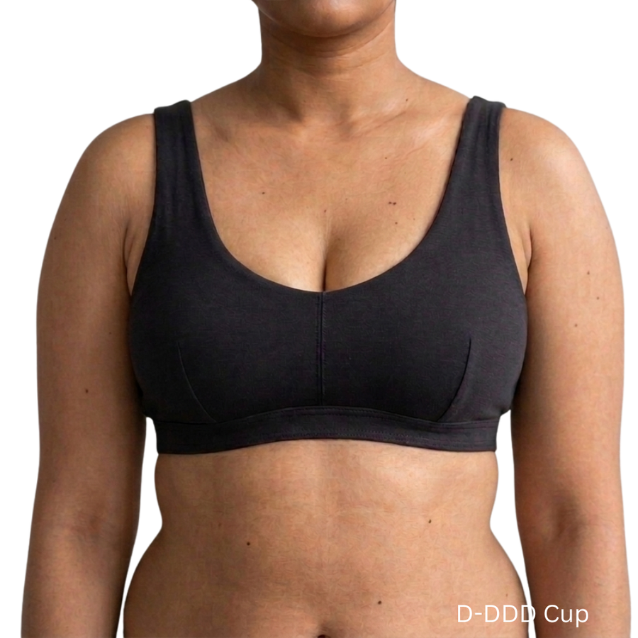 Proclaim Organic Cotton Everyday Bralette in black, showcasing the wireless deep scoop neckline design .  