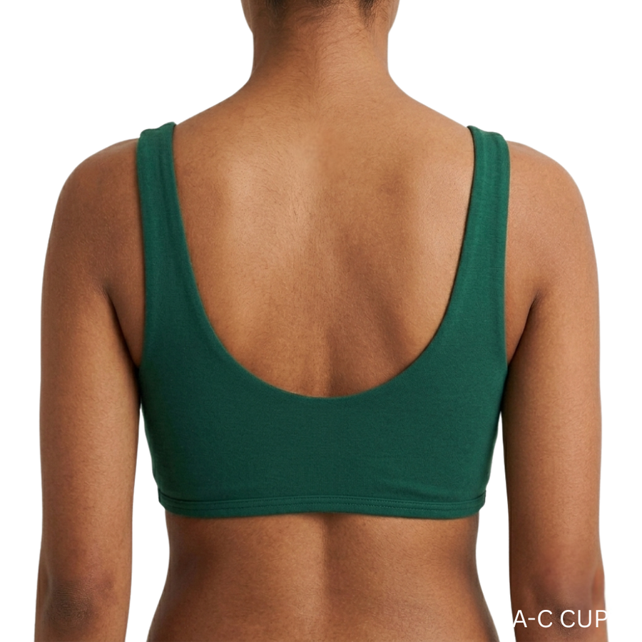 Proclaim Organic Cotton Everyday Bralette in lagoon, showcasing the wireless deep scoop neckline design , back view.