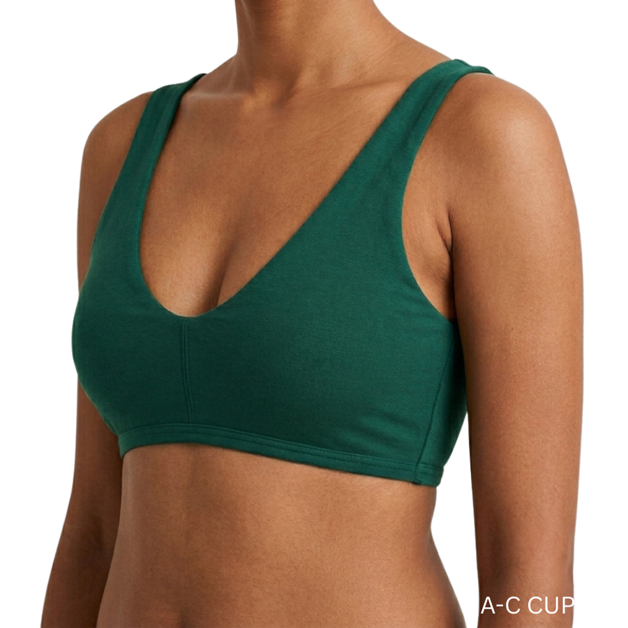 Proclaim Organic Cotton Everyday Bralette in lagoon, showcasing the wireless deep scoop neckline design. 