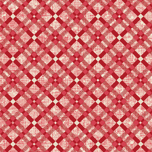 High-resolution close-up fabric swatch view showing the geometric red and cream diamond grid print.