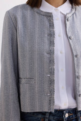 Close-up detail showing the grey cotton tweed texture, front button closures, and collarless neckline of the Reistor Lady Jacket.