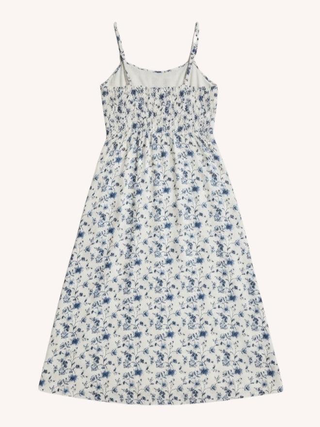 Reistor Strappy Gathered Midi Dress in Blue Floral - plus size midi dress, back view
