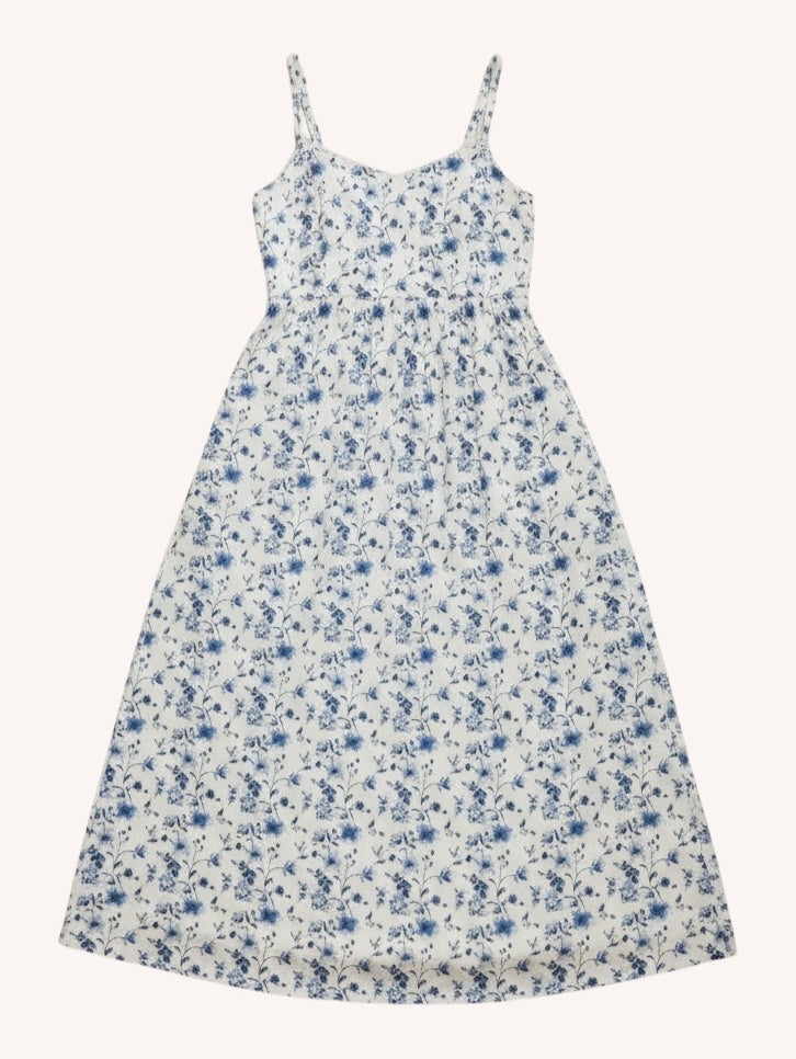 Reistor Strappy Gathered Midi Dress in Blue Floral - plus size midi dress, front view