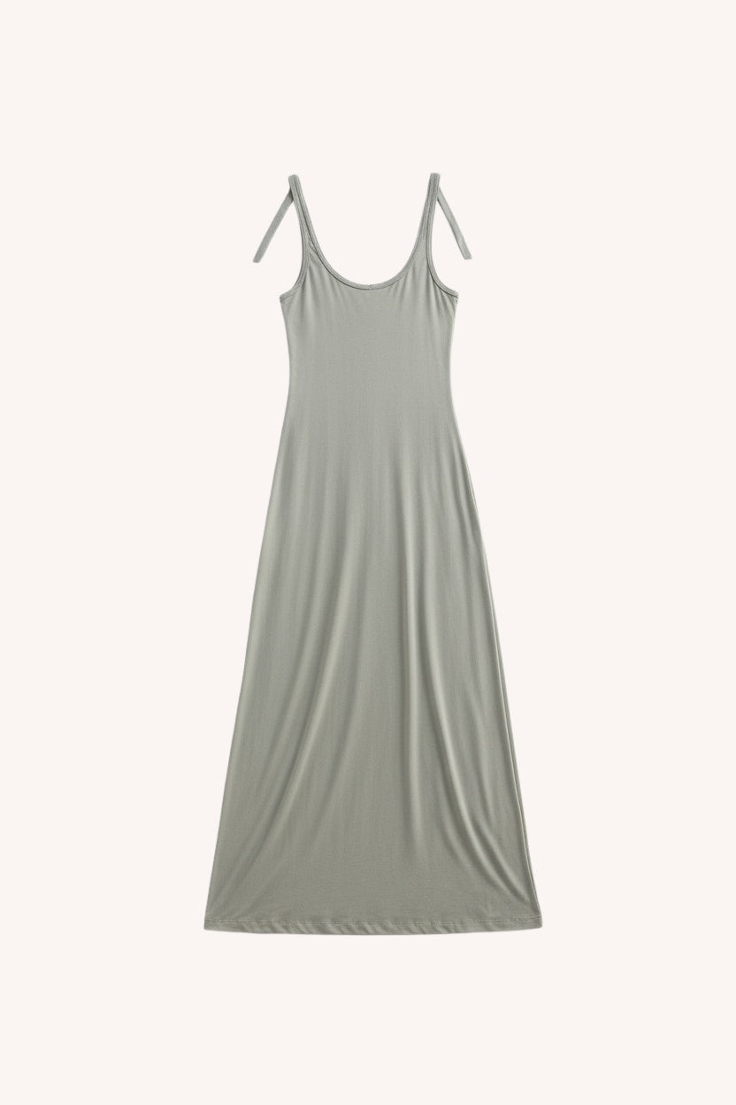 Reistor Tie-Detail Maxi Dress in Light Olive - maxi dress fabric detail