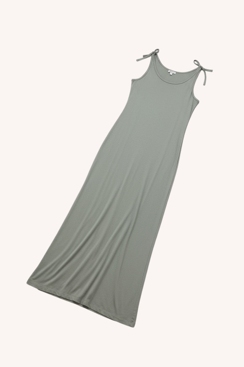 Reistor Tie-Detail Maxi Dress in Light Olive - maxi dress fabric detail