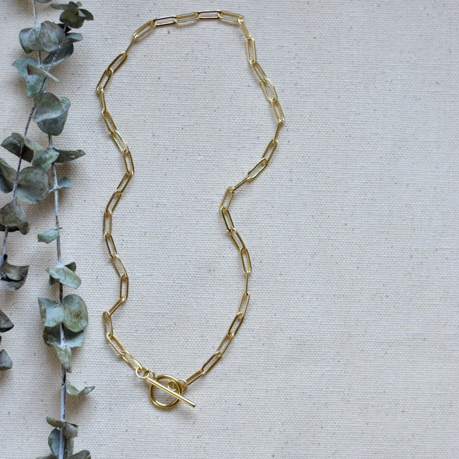 Full view of the gold Sela Designs Elle Necklace featuring a toggle closure displayed next to eucalyptus leaves.