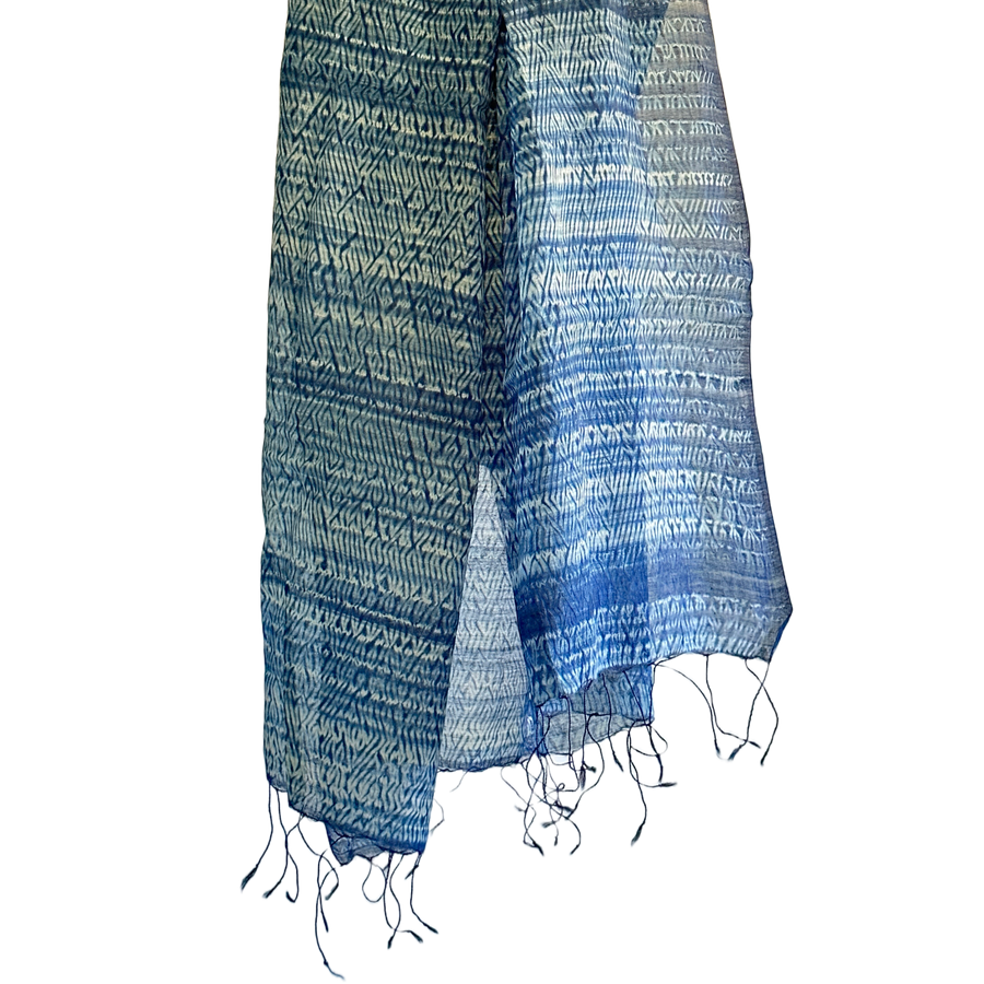 Fyoli Fyoli NEEL Silk Cotton Natural Indigo Shibori Stole in Indigo Needle Shibori - women's artisan scarf