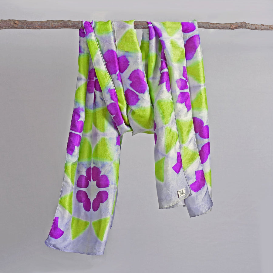 Fyoli Fyoli MIRA Handwoven Clamp Dyed Mulberry Silk Stole in Purple Green - women's artisan scarf