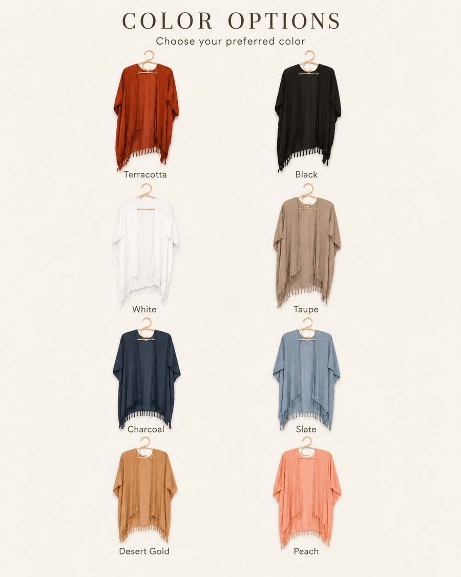 Color options guide for the Village Thrive Solid Color Kimono showing Terracotta, Black, White, Taupe, Charcoal, Slate, Desert Gold, and Peach.