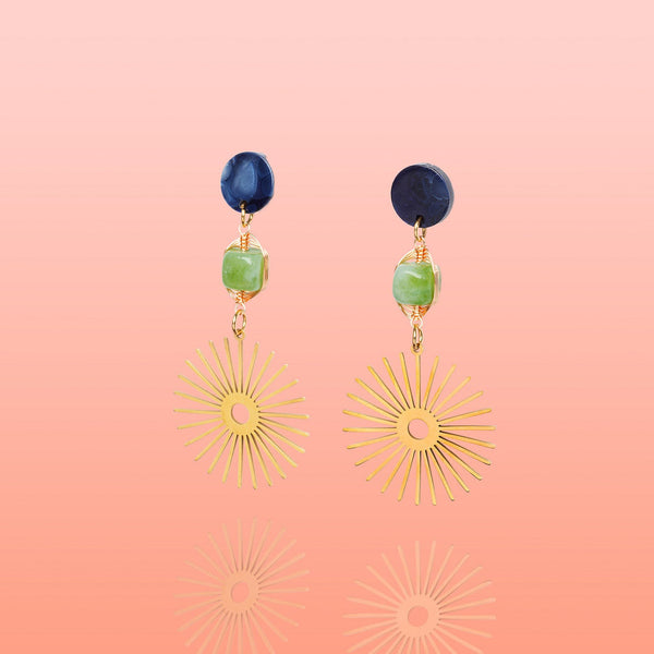 Tribeandtemple Isela Deep Blue + Green Jade Sun Burst Earrings - handcrafted earrings