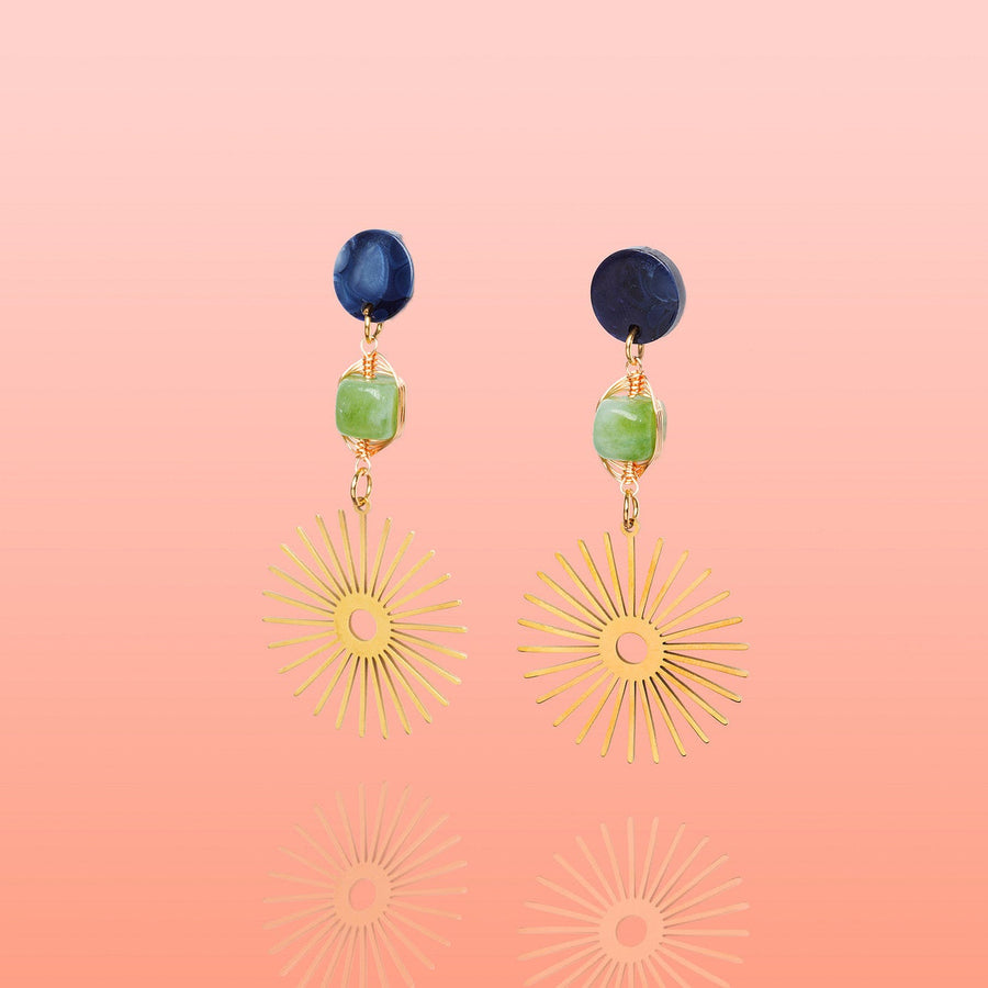 Tribeandtemple Isela Deep Blue + Green Jade Sun Burst Earrings - handcrafted earrings
