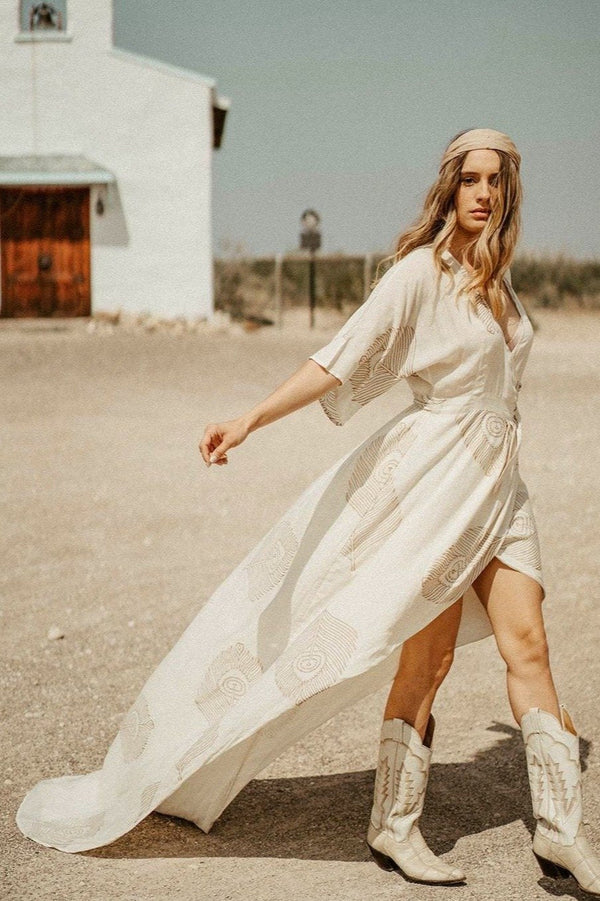 Symbology Clothing Peacock Feather Maxi Wrap Dress W/ Train in Cream + Gold - plus size dress, product view