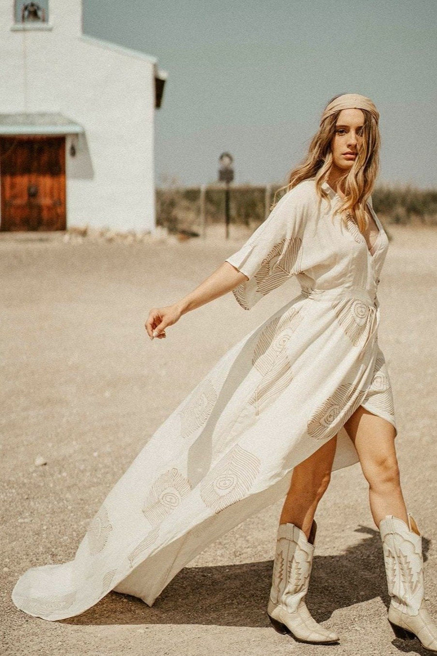Symbology Clothing Peacock Feather Maxi Wrap Dress W/ Train in Cream + Gold - plus size dress, product view