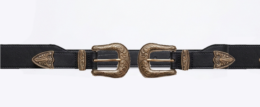 Close-up product shot of the adjustable black western-style belt featuring detailed antique-gold double buckles, matching tip hardware, and an elastic back.