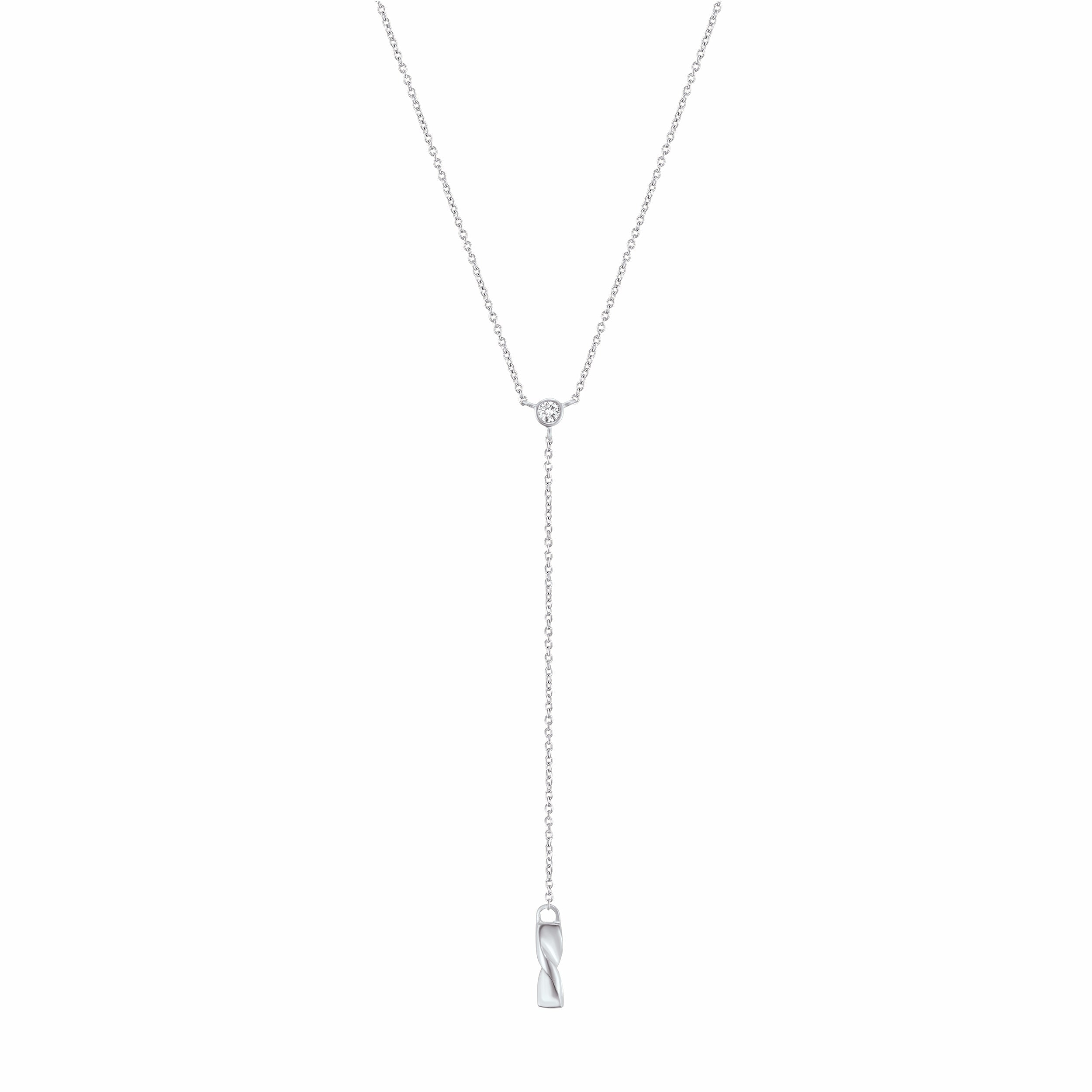 a Y-shaped necklace featuring a bezel set diamond at the crux and a twisted bar at the bottom of the drop in silver on a white background #color_silver
