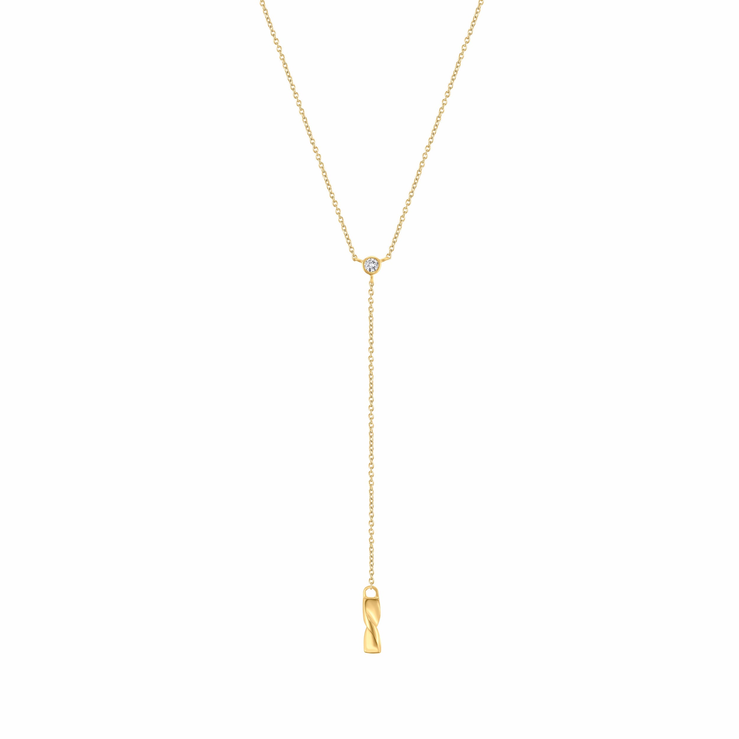 a gold Y-style necklace with a bezel set diamond at the crux, and a chain drop with a small twisted bar at the bottom on a white background #color_gold